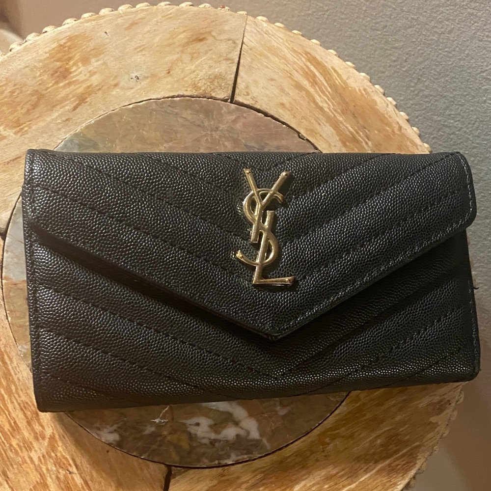 Saint Laurent Black Chevron Leather Envelope Wallet with Gold Logo